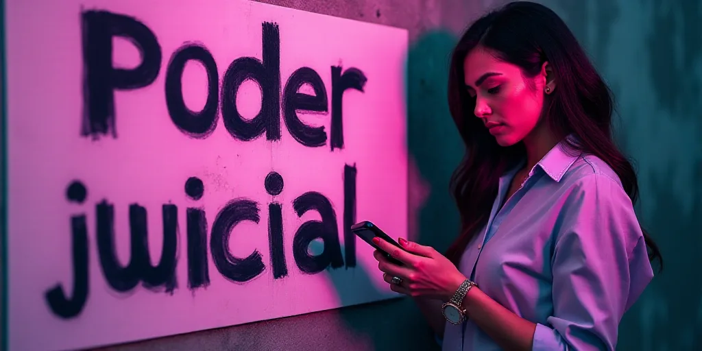 a woman is standing next to a sign that reads poder judicial on it and is holding a cell phone, Fede