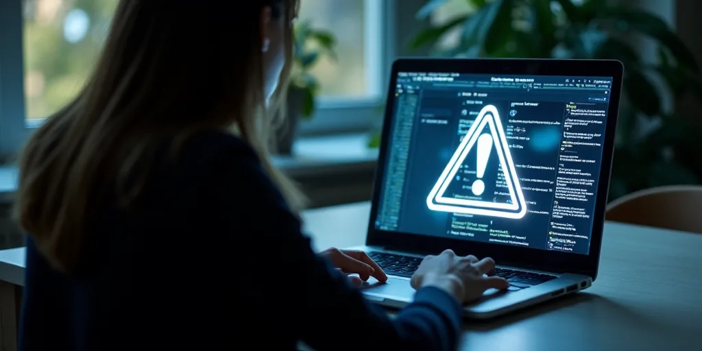 a woman is typing on a laptop with a warning sign on the screen and a table in the background, Dahlo