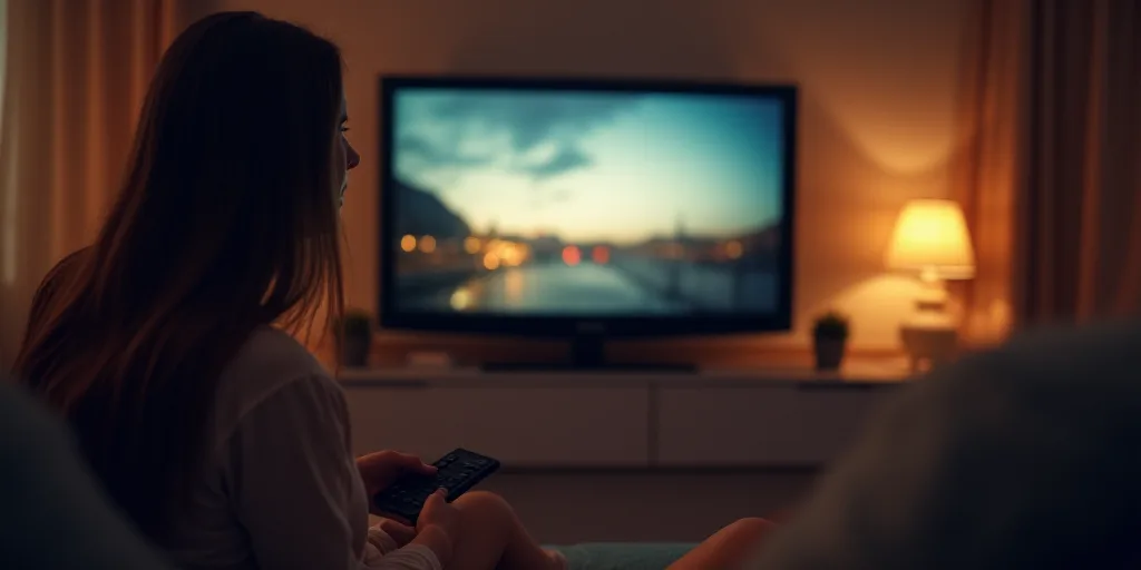 a woman is watching television with a remote control in her hand and a television in the background