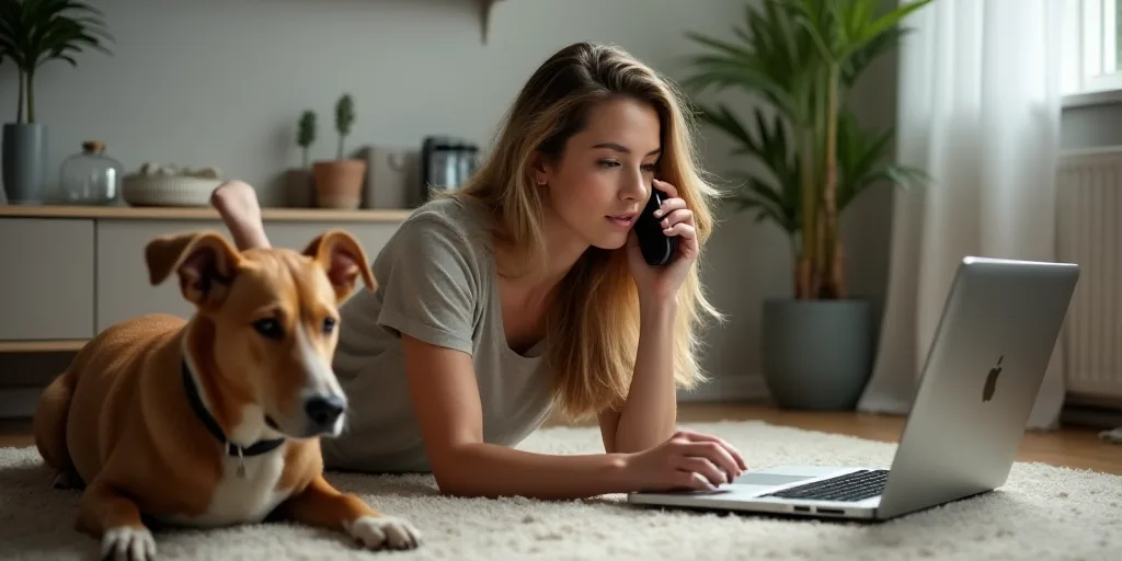 a woman laying on the floor talking on a cell phone next to a dog and laptop computer on the floor,
