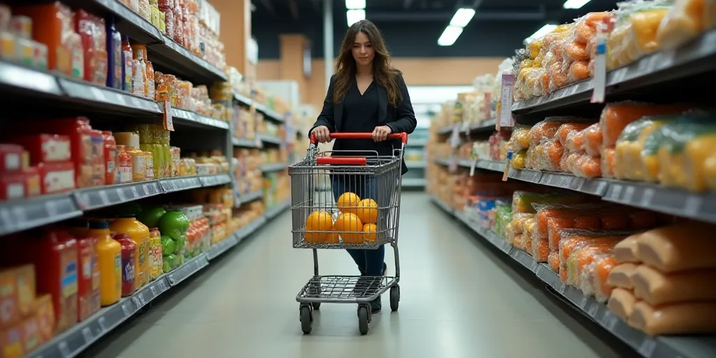 a woman pushing a shopping cart down a grocery aisle in a store with a large amount of food on the s