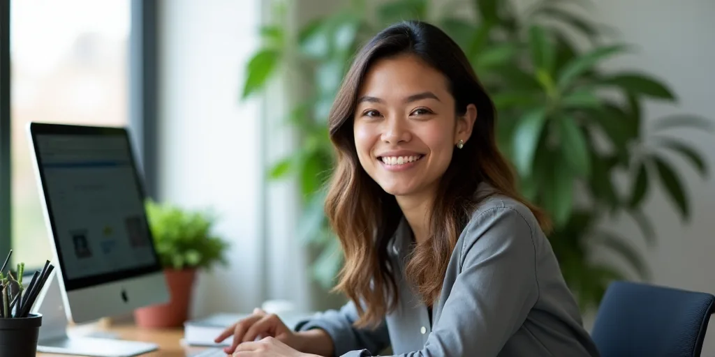 a woman sitting at a desk with a laptop and a monitor on it, smiling for the camera, with a plant in