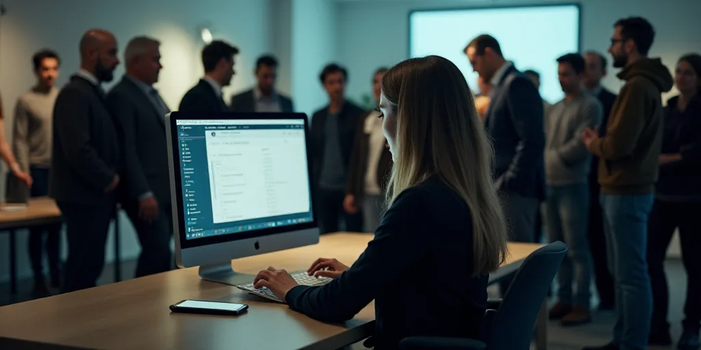 a woman sitting at a desk with a computer in front of her and a lot of people standing around, Engue