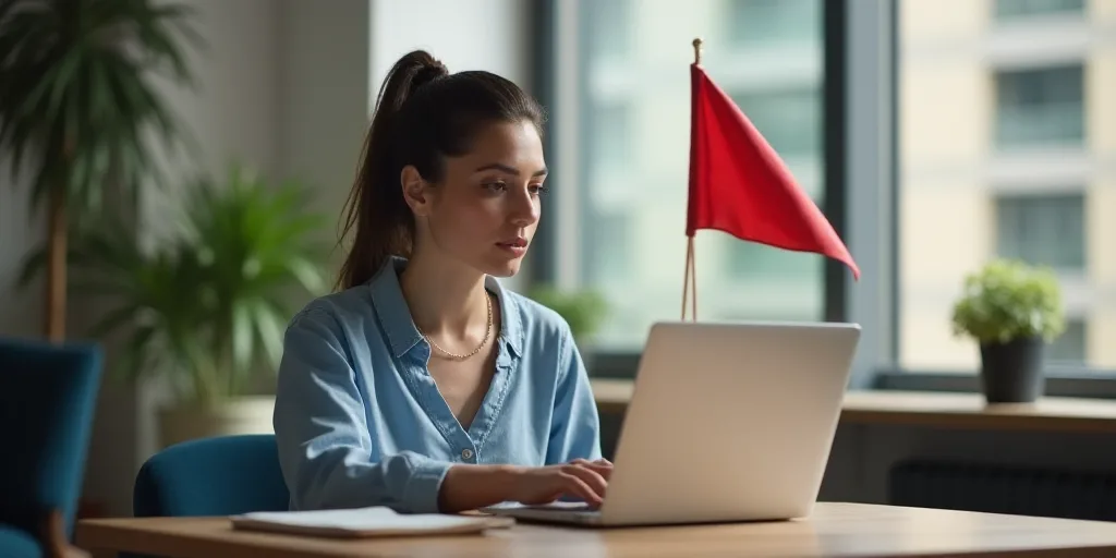a woman sitting at a desk with a laptop computer in front of her and a flag on top of her, Carlos Tr