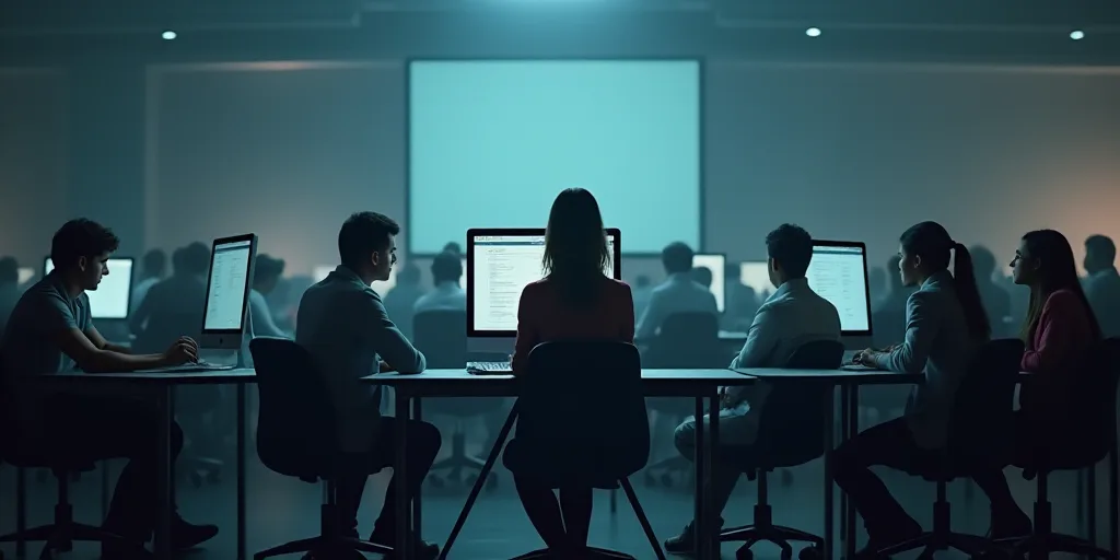 a woman sitting at a desk with a computer in front of her and a lot of people standing around, Engue