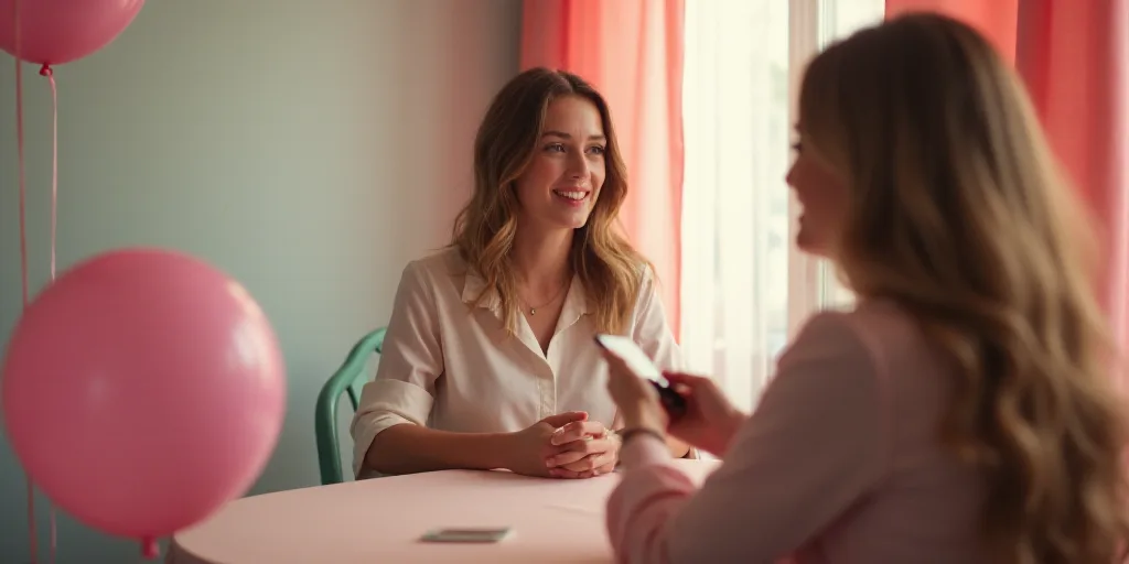 a woman sitting at a table with a woman holding a cell phone in her hand and a balloon in the backgr