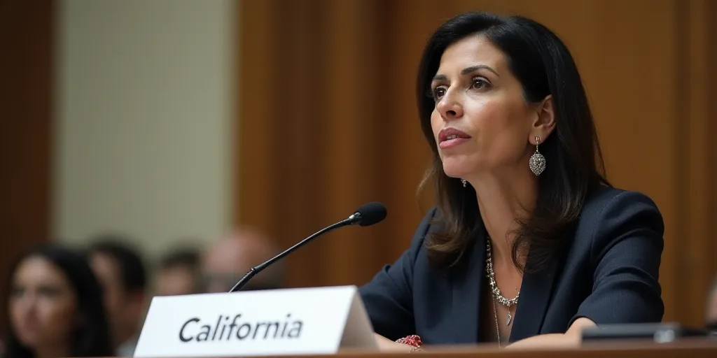 a woman sitting at a table with a microphone in front of her and a sign behind her that says califor