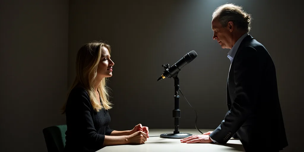 a woman sitting at a table with a microphone in front of her and a man standing behind her in front
