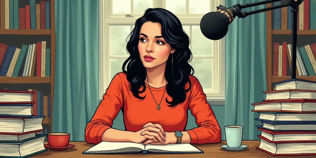 a woman sitting at a table with a stack of books in front of her and a microphone in the background,