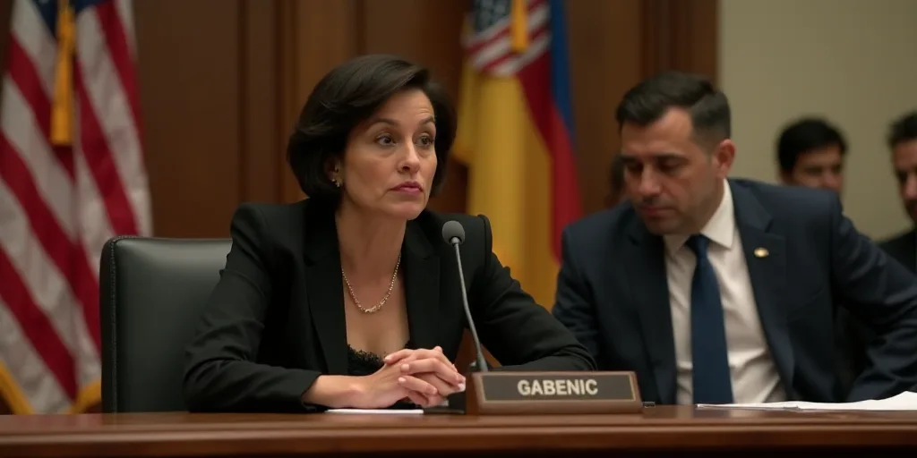 a woman sitting at a table with a microphone in front of her and two flags behind her and a man in a