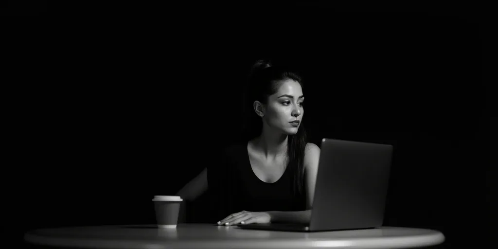a woman sitting at a table with a laptop computer in front of her and a black background behind her,
