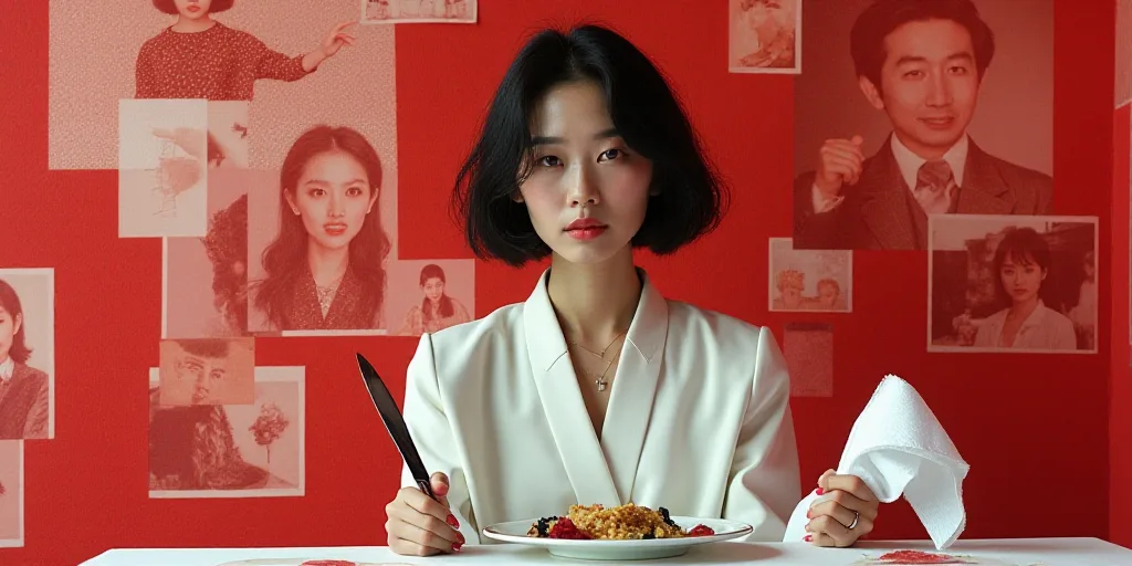 a woman sitting at a table with a knife and a napkin in her hand and a red and white collage of phot
