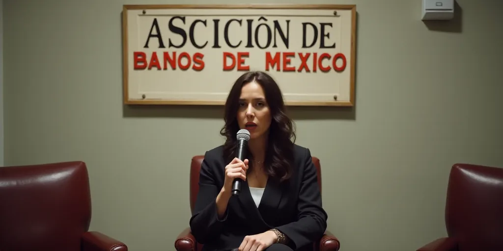 a woman sitting in a chair holding a microphone in front of a wall with a sign behind her that says