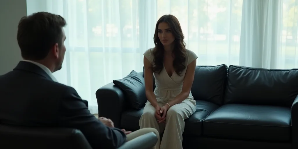 a woman sitting on a couch talking to someone in a room with white curtains and a black leather couc
