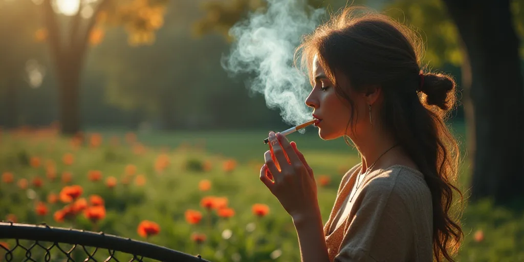 a woman smoking a cigarette in a park with flowers in the background and a fence in the foreground,