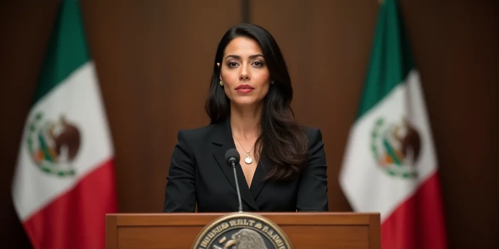 a woman standing at a podium in front of flags of mexico and mexico, with a microphone in front of h
