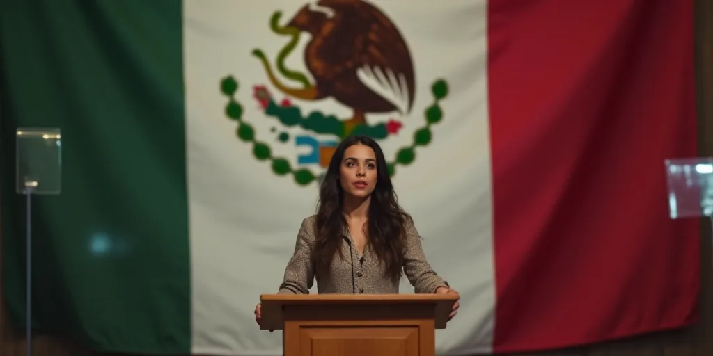 a woman standing at a podium in front of a flag and a sign with a mexican flag behind her, Amelia Pe