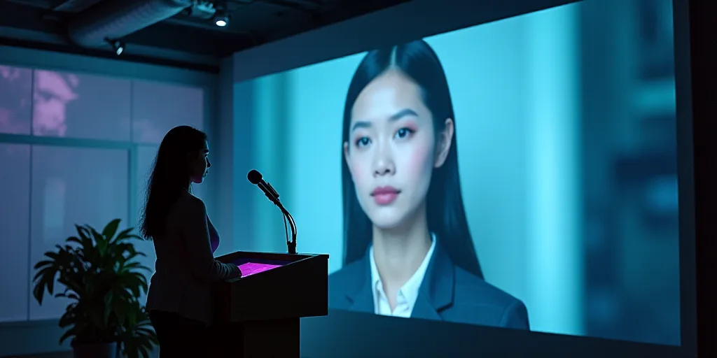 a woman standing at a podium in front of a screen with a picture of a woman on it and a microphone,