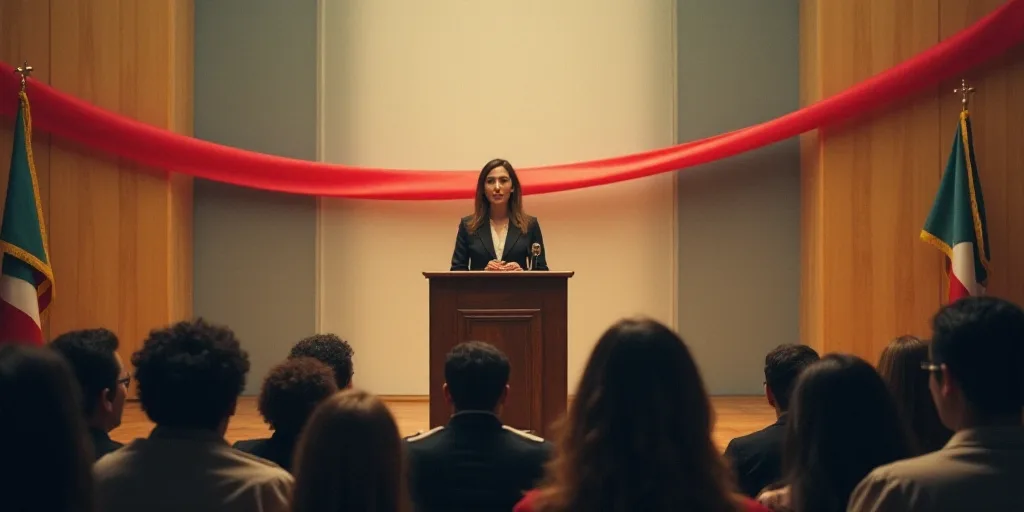 a woman standing at a podium in front of a crowd of people in front of a wall with a ribbon, Aníbal