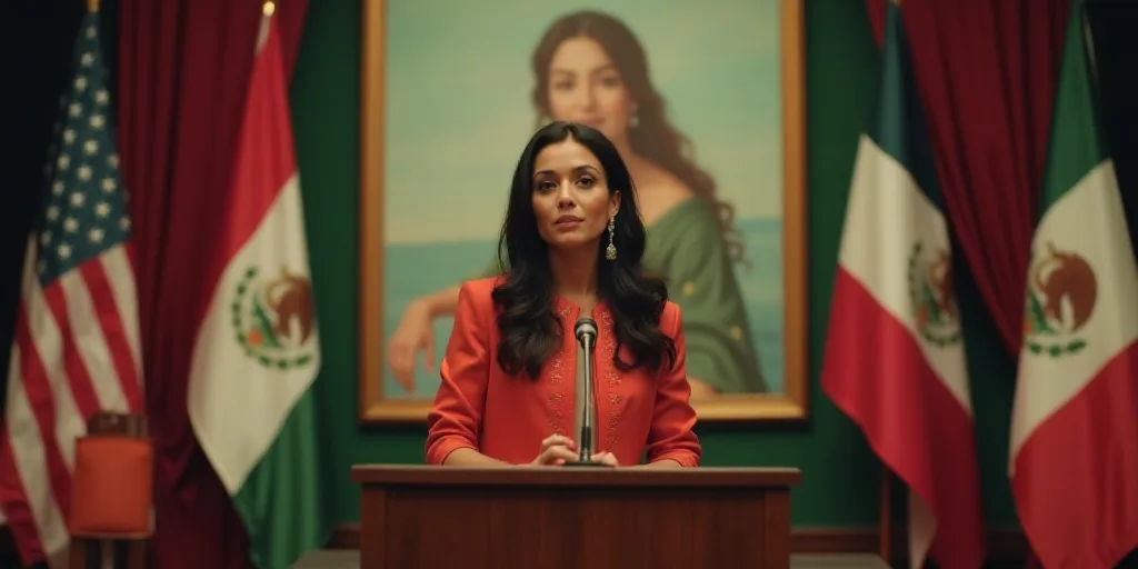a woman standing at a podium in front of flags and a painting of a woman in mexico behind her, Arace
