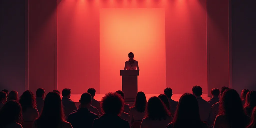 a woman standing at a podium in front of a crowd of people sitting down and standing on a stage, Ame