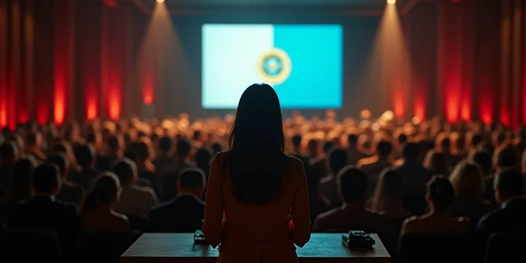 a woman standing at a podium in front of a crowd of people in front of a screen with a flag, Carlos