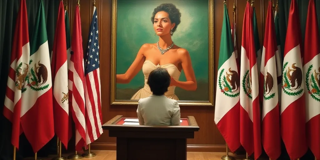 a woman standing at a podium in front of flags and a painting of a woman in mexico behind her, David