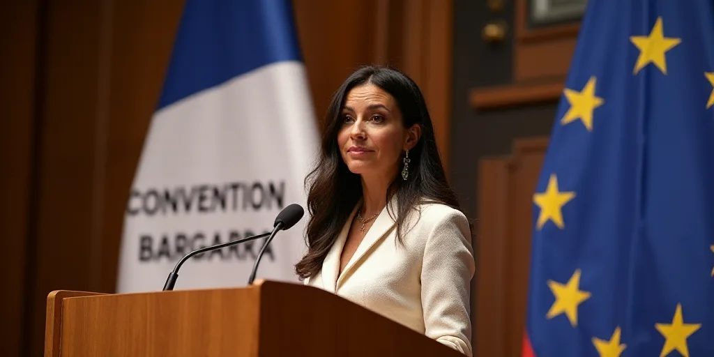 a woman standing at a podium in front of a flag and a sign that says convention bancarra, Aramenta D