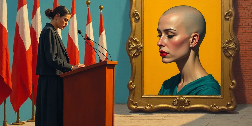 a woman standing at a podium in front of flags and a painting of a woman with a bald head, David Alf