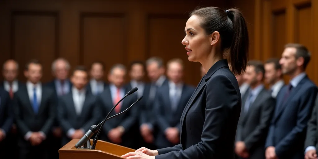 a woman standing at a podium in front of a group of people in suits and ties, with a microphone in f