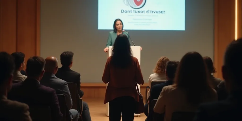 a woman standing at a podium in front of a crowd of people in a room with a large screen, Amelia Pel