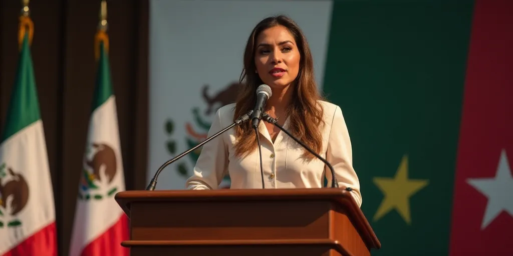 a woman standing at a podium with a microphone in front of a mexican flag banner and a sign behind h