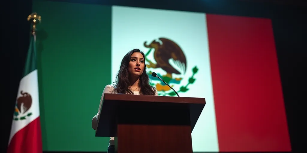 a woman standing at a podium with a microphone in front of a flag and a banner behind her with a mex