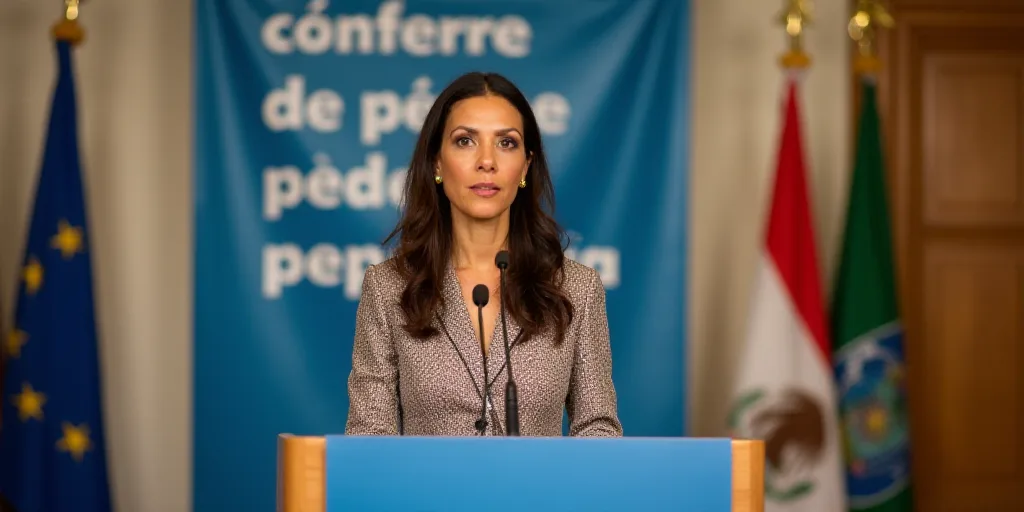 a woman standing at a podium with a flag behind her and a banner behind her behind her that says con