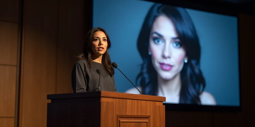 a woman standing at a podium with a microphone in front of her and a screen behind her with a pictur