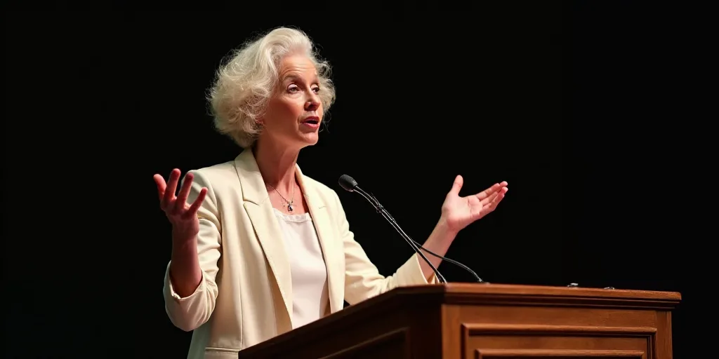 a woman standing at a podium with her hands up in front of her and a microphone in front of her, Cla