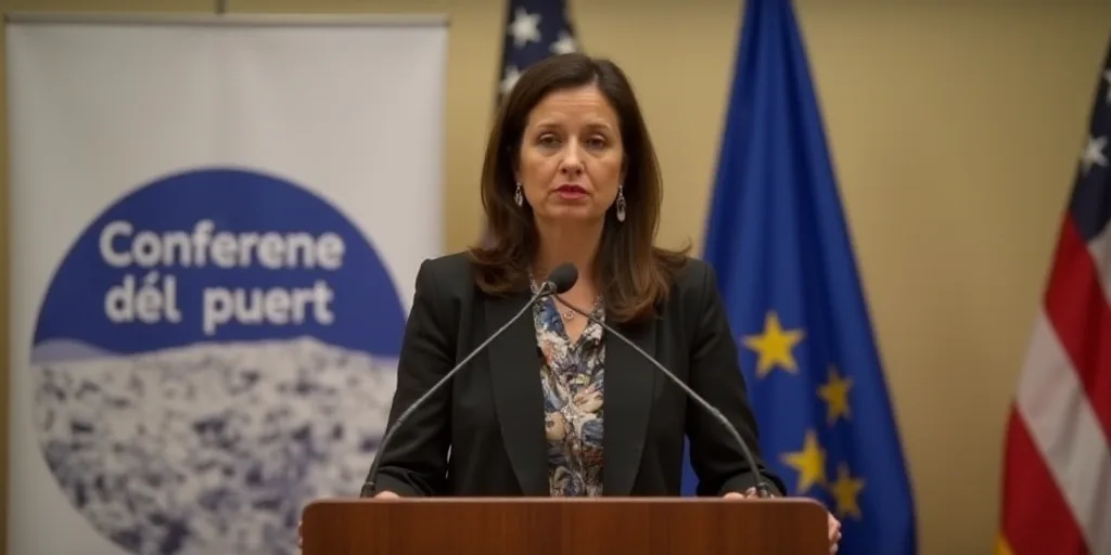 a woman standing at a podium with a flag behind her and a banner behind her that says confere del pu