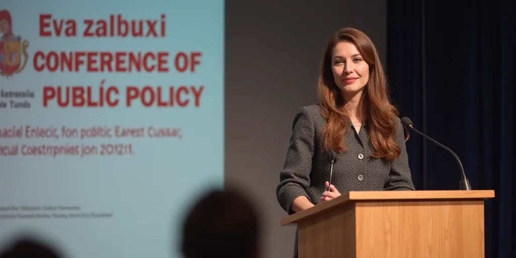 a woman standing at a podium with a microphone in front of her and a sign behind her that says confe