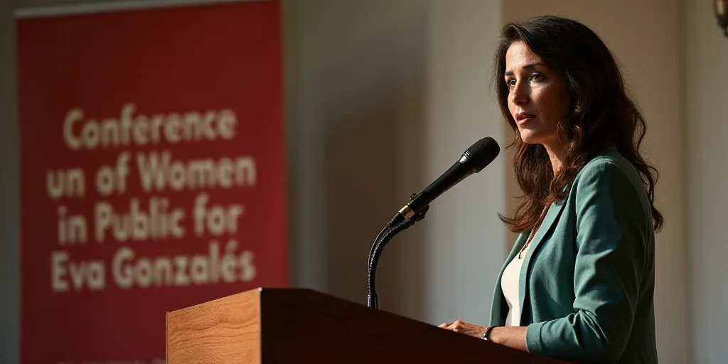 a woman standing at a podium with a microphone in front of her and a sign behind her that says confe