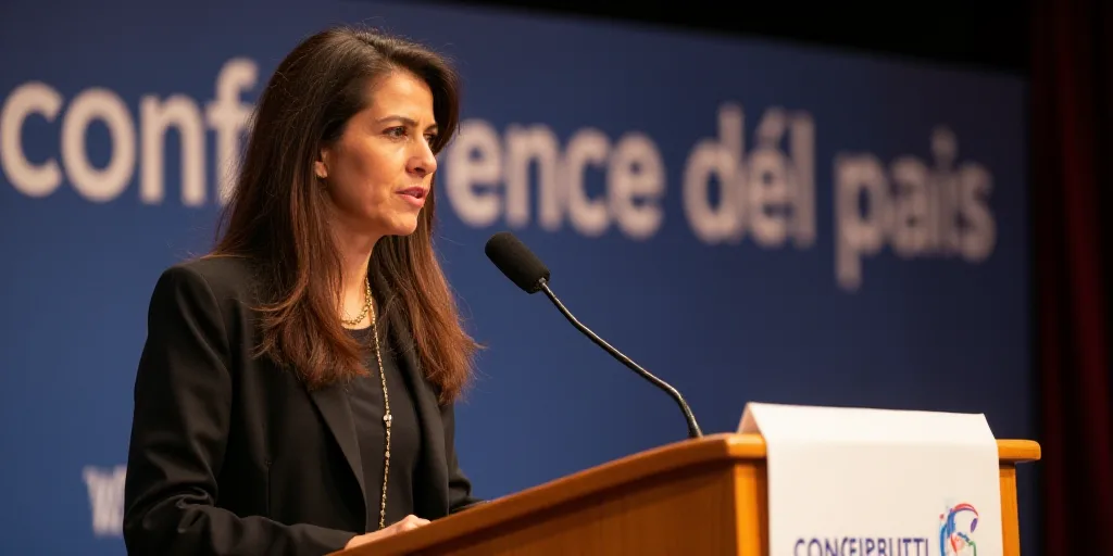 a woman standing at a podium with a microphone in front of her and a banner behind her that says con