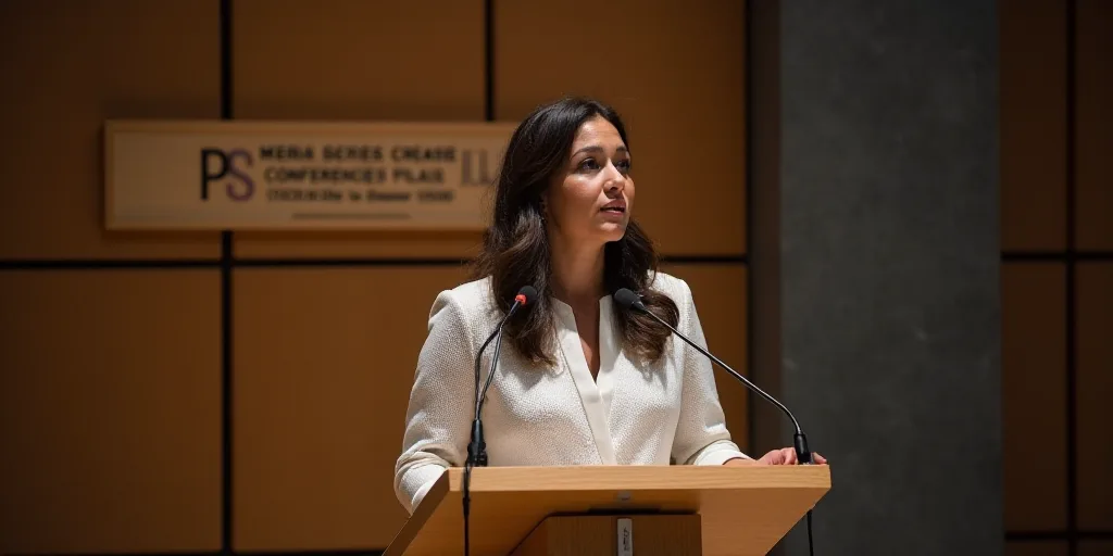 a woman standing at a podium with a microphone in front of her and a sign behind her that says confe