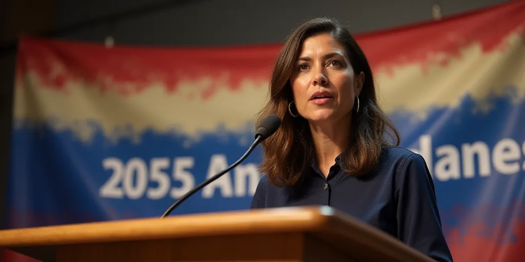 a woman standing at a podium with a microphone in front of her and a banner behind her that says 205
