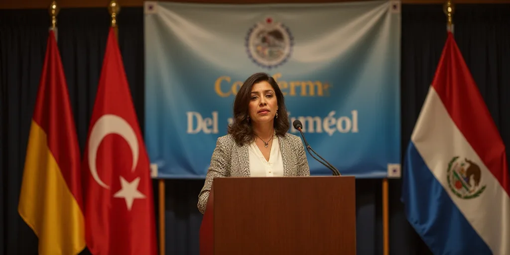a woman standing at a podium with a flag behind her and a banner behind her that says confere del pu