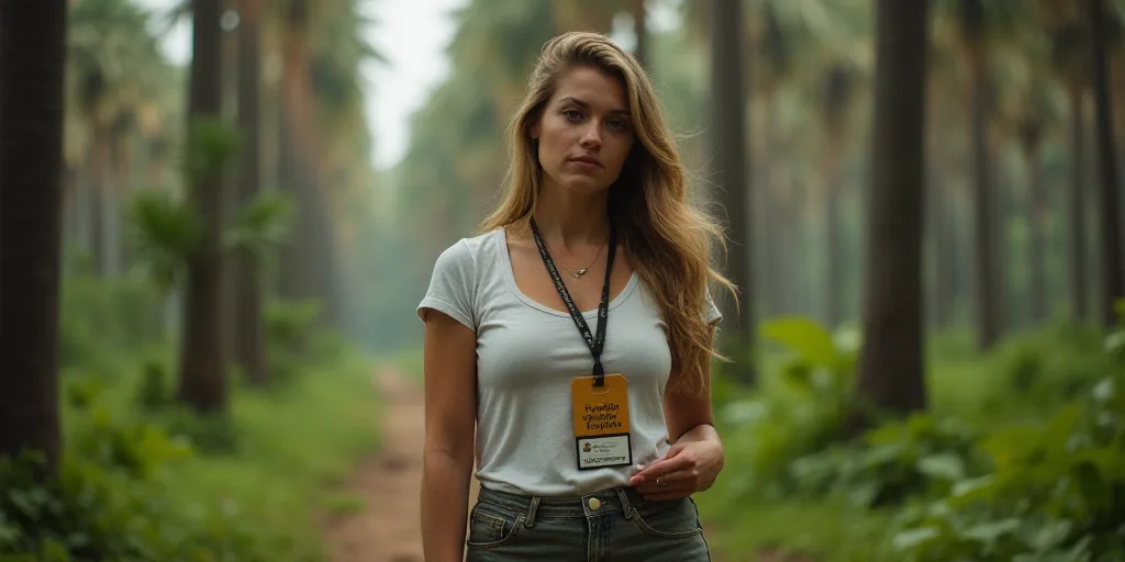 a woman standing in a forest with a tag in her hand and a badge in her hand, with palm trees in the