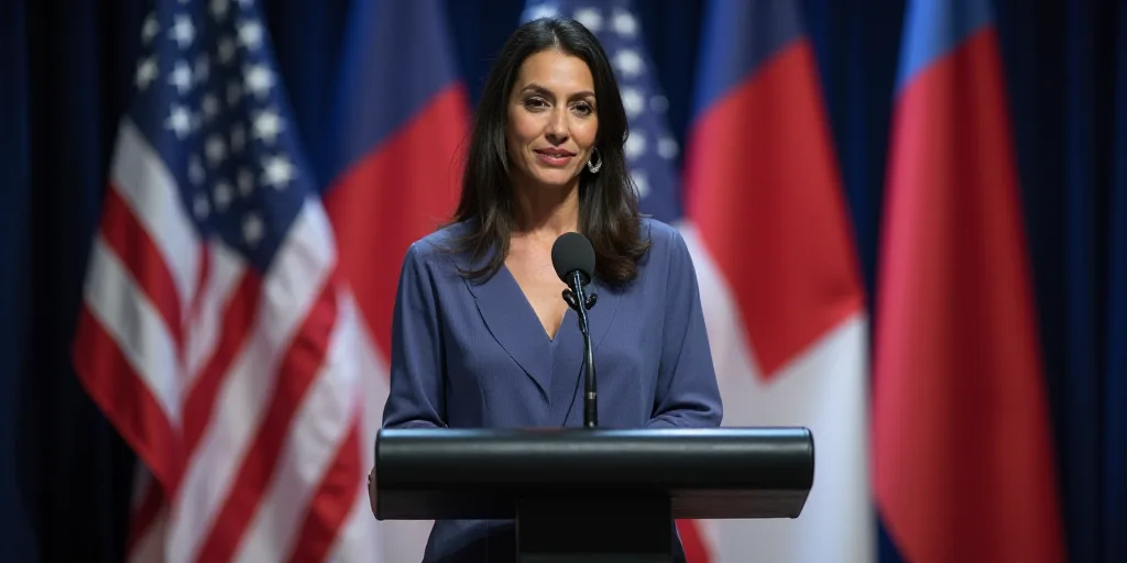 a woman standing in front of a flag and a microphone in front of a podium with a flag behind her, Ar