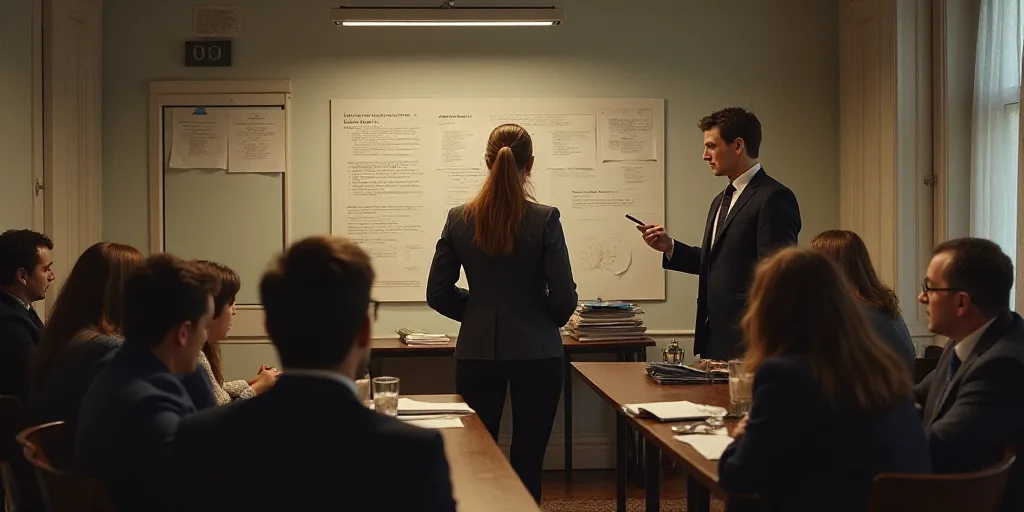 a woman standing in front of a group of people in a room with papers on the wall and a man holding a