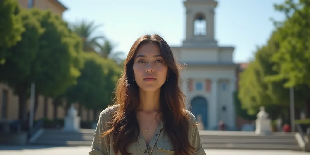 a woman standing in front of a building with steps and trees in the background and a building with a