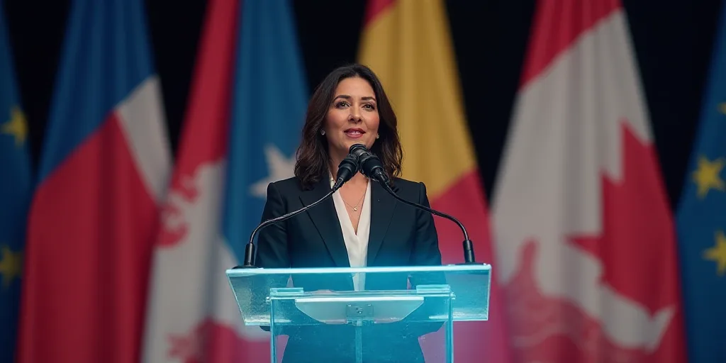 a woman standing in front of a flag and a microphone in front of a podium with a flag behind her, Ar