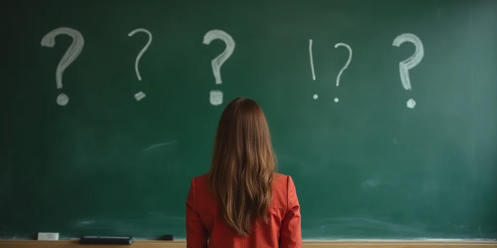 a woman standing in front of a chalkboard with question marks on it and a chalkboard behind her, Cla