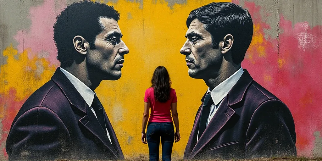 a woman standing in front of a wall with a mural of two men on it and a woman looking at the wall, D